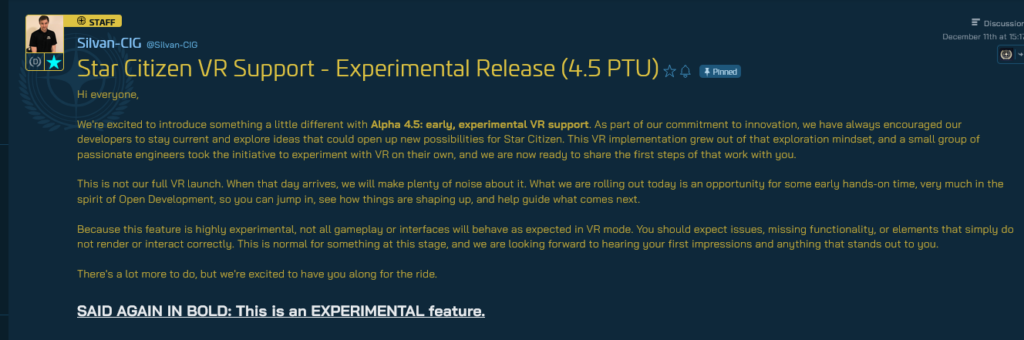 Il post di Silvan in spectrum che parla del VR